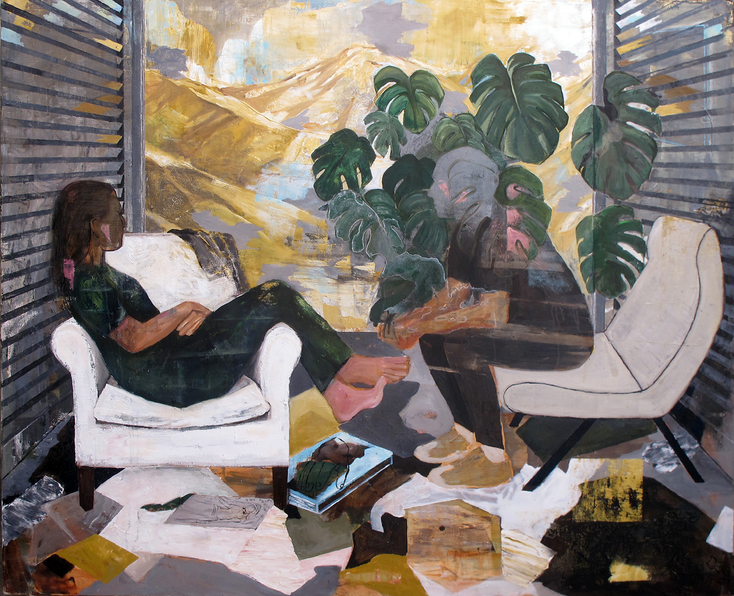 Aryan Ozmaei, _Uomo e donna con montagne gialle e persiane_ 2017, 170X140 cm olio su tela