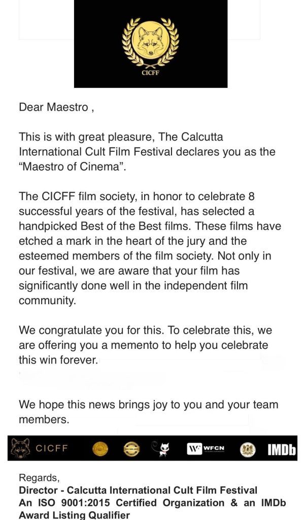 SAMANTHA CASELLA MAESTRO DI CINEMA” AL CALCUTTA INTERNATIONAL CULT FILM FESTIVAL